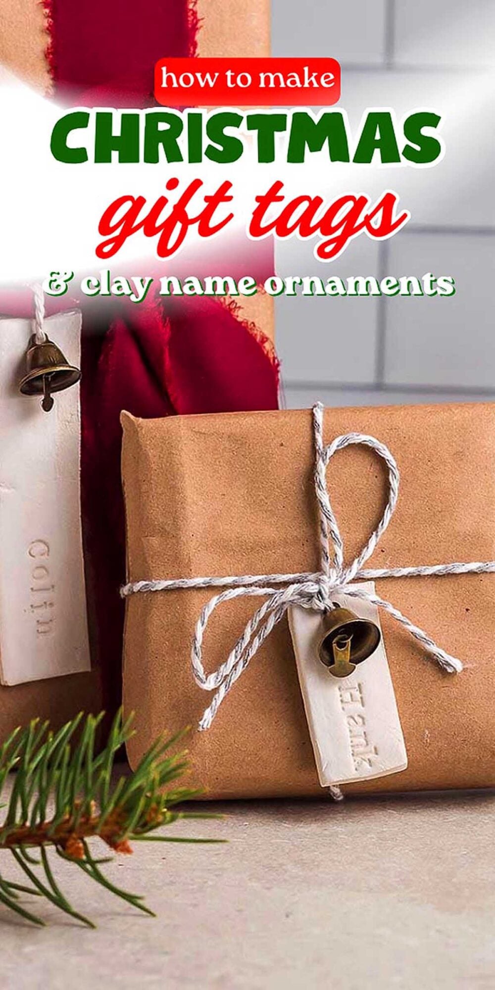 Brown paper-wrapped gifts with white clay tags and string, festive Christmas decor in the background.
