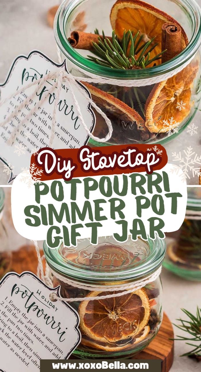 Jars filled with dried orange slices and potpourri, labeled as DIY Stovetop Potpourri Simmer Pot Gift Jars.