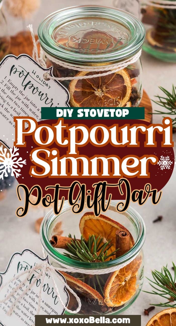 Glass jar filled with dried oranges, cinnamon sticks, and herbs, labeled as a DIY Stovetop Potpourri Simmer Pot Gift Jar.