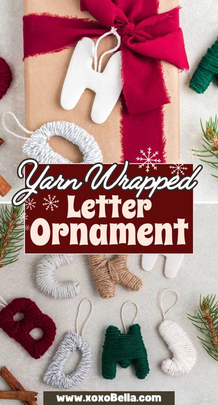 Gift wrapped in brown paper with a red bow, topped with a DIY yarn wrapped letter ornament. Other yarn letters nearby double as unique gift tags, adding a personal touch to your present.