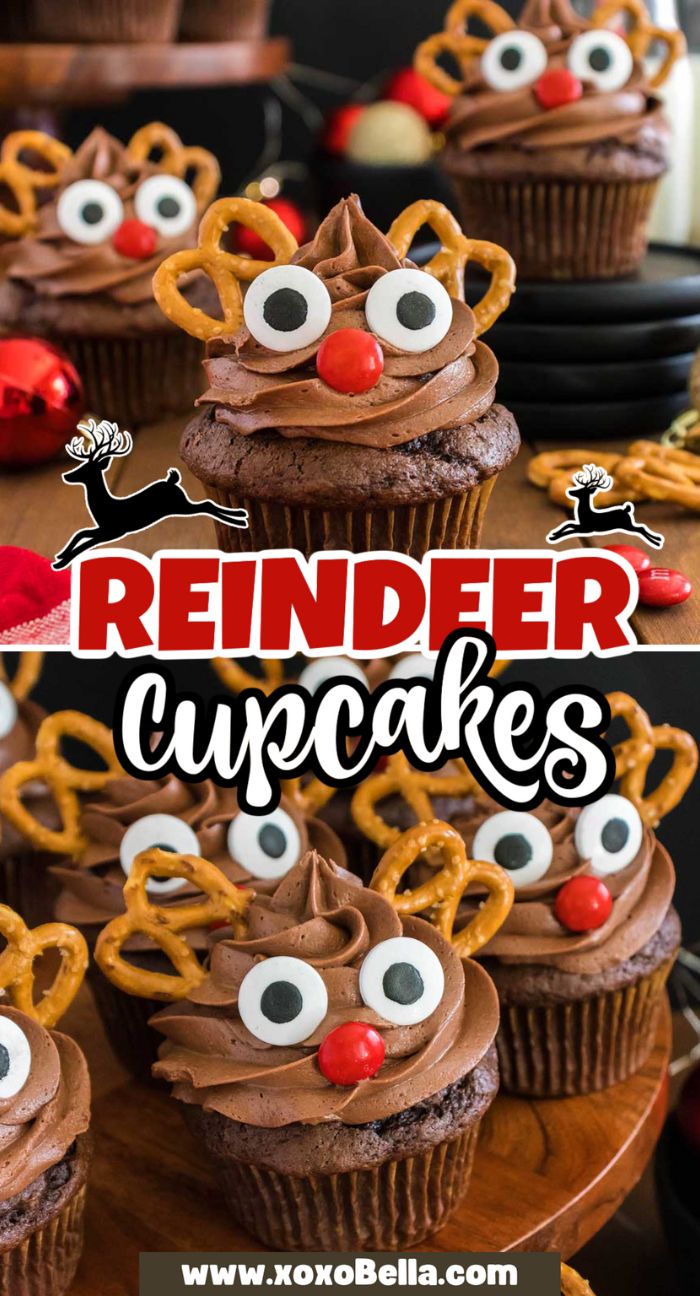 Adorable reindeer cupcakes with pretzel antlers, candy eyes, and red noses are arranged on a wooden table—perfect for festive treats!.