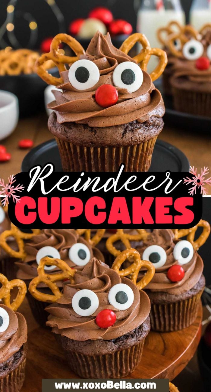 Adorable reindeer cupcakes with pretzel antlers, candy eyes, and red noses are arranged on a wooden table—perfect for festive celebrations.