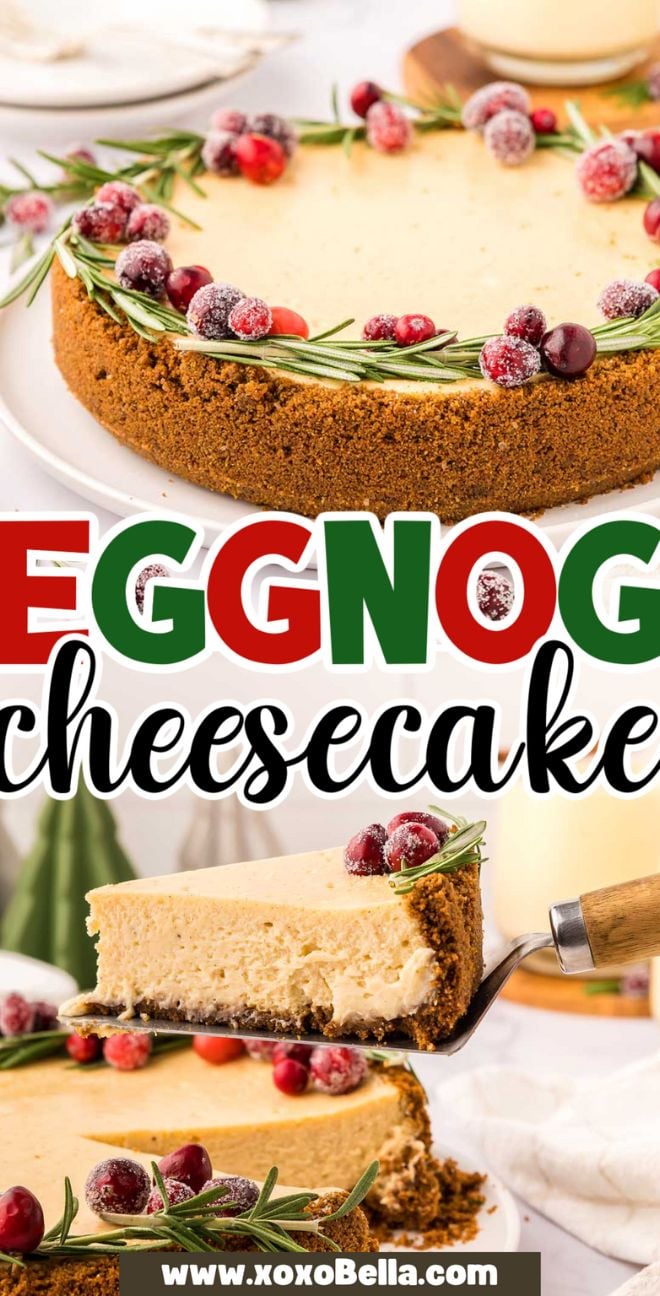 Eggnog cheesecake recipe topped with sugared cranberries and rosemary on a white plate, with a slice being served.