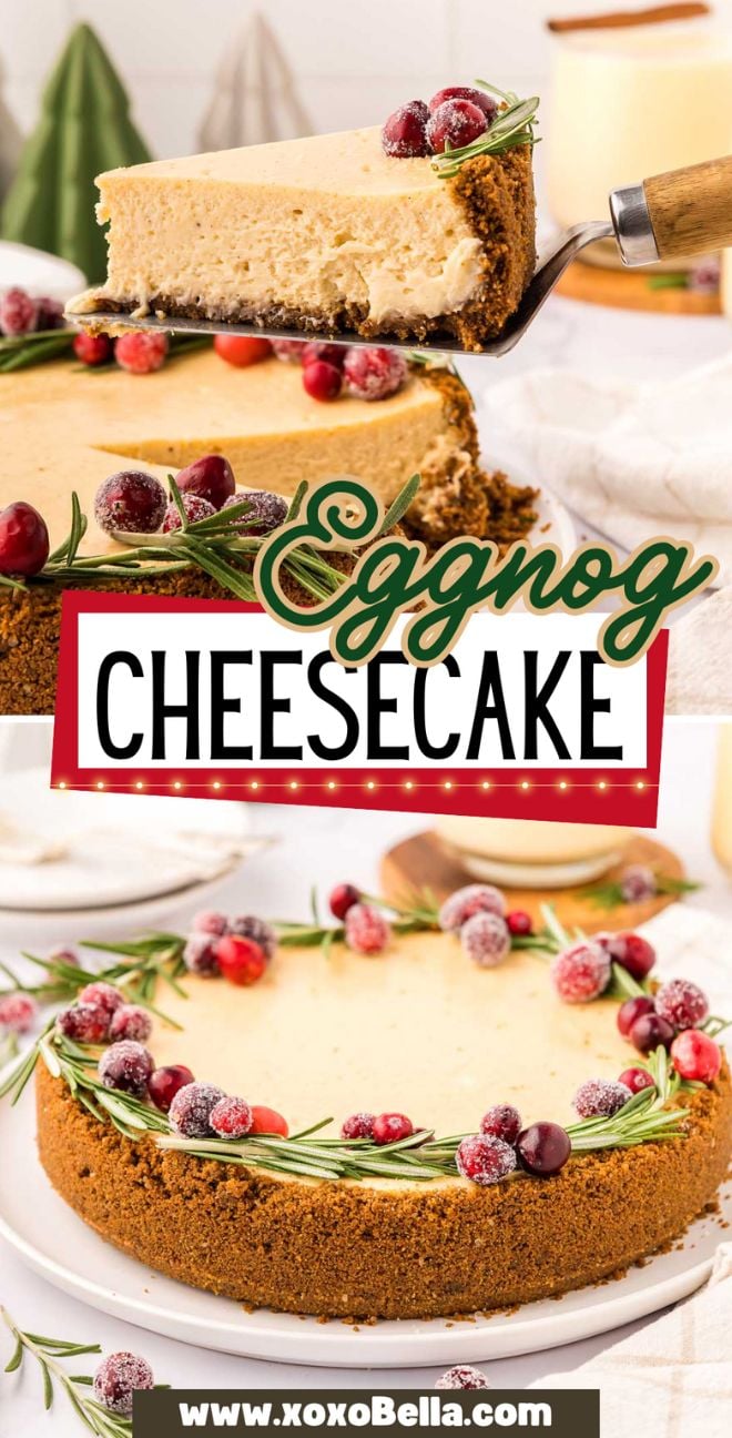 Sliced eggnog cheesecake topped with sugared cranberries and rosemary, made from a classic eggnog cheesecake recipe, on a festive table.