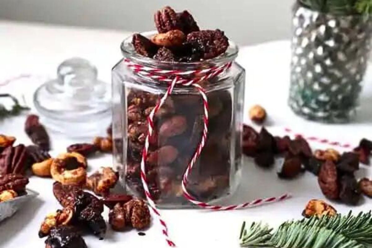 A jar of gingerbread candied nuts.