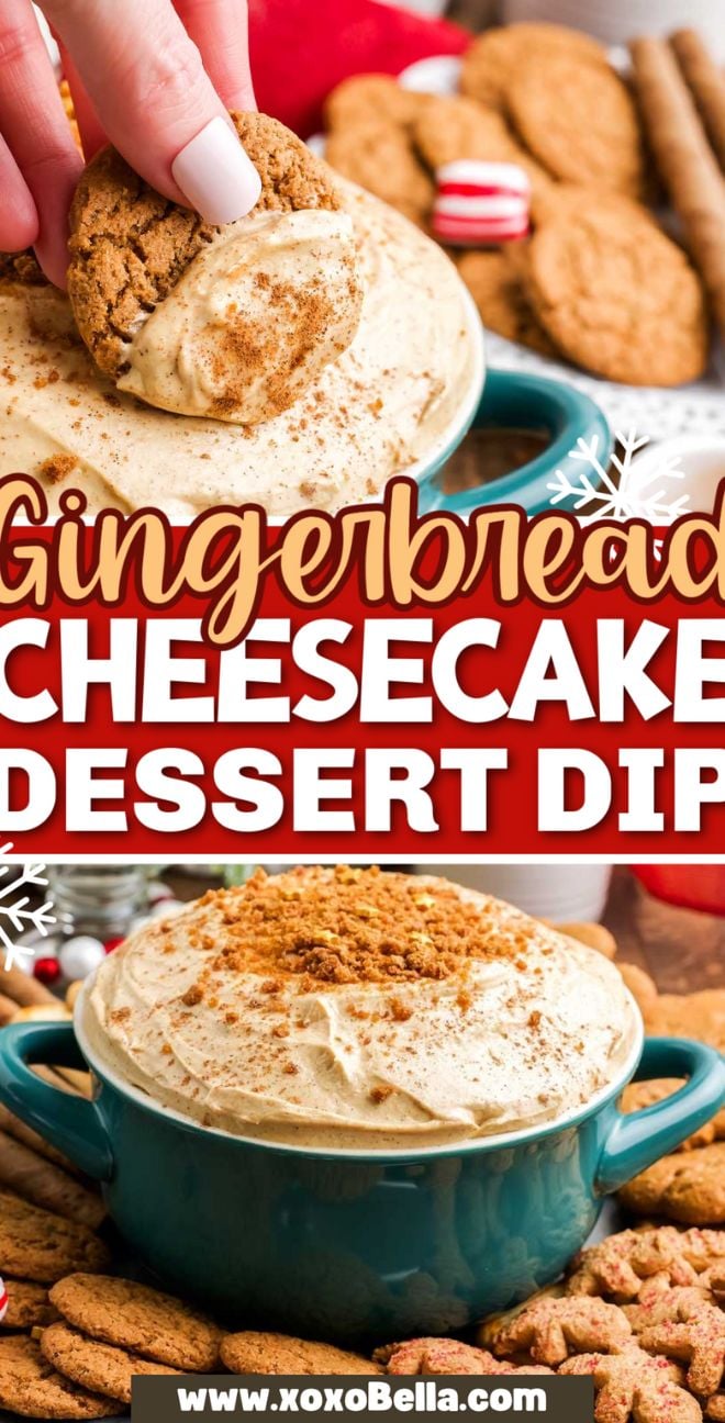 A hand dips a ginger cookie into a luscious gingerbread cheesecake dip in a green bowl.