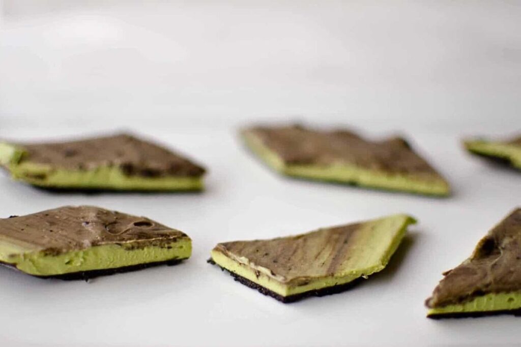 Small chunks of chocolate mint bark, made healthy.