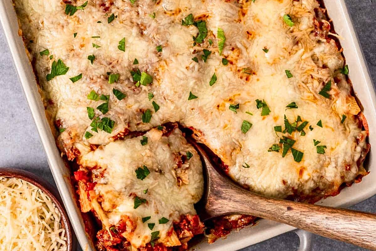 A casserole dish of ziti al forno.
