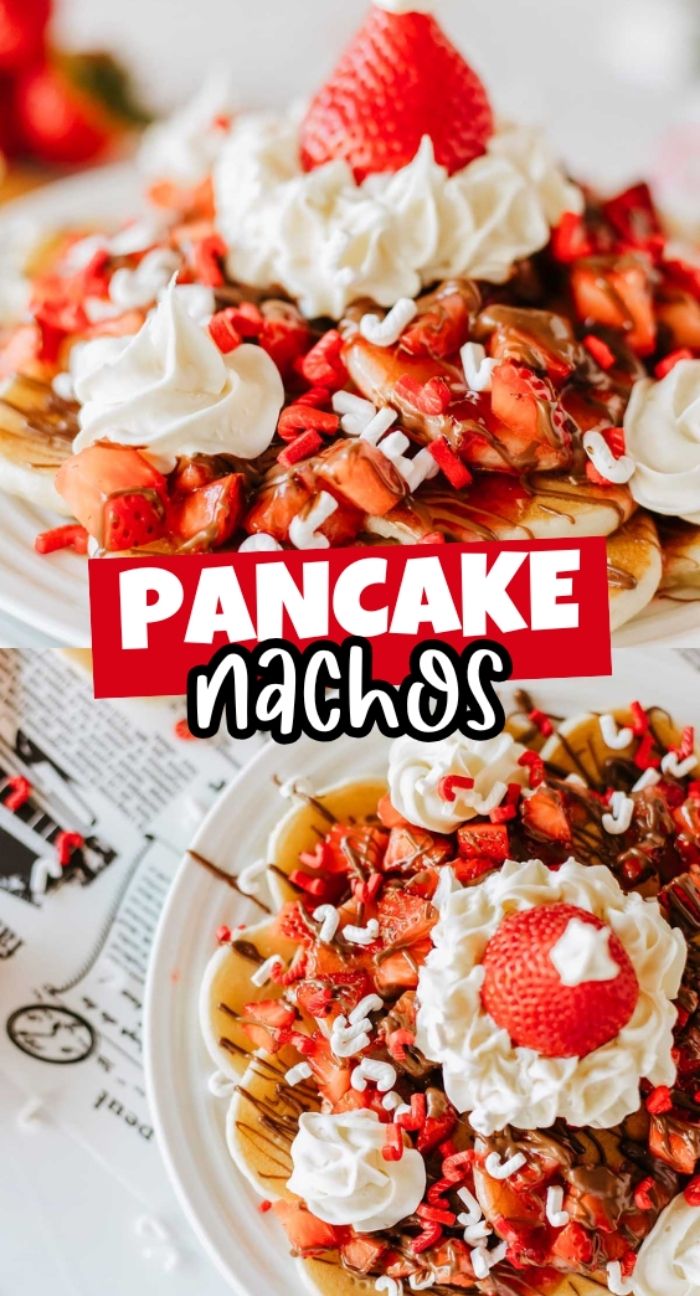 Plates of pancake nachos piled high with strawberries, whipped cream, and a rich chocolate drizzle.