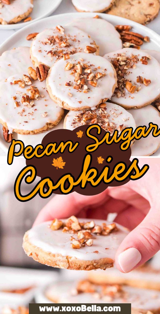 Pecan sugar cookies topped with chopped pecans are arranged on a plate, while a hand reaches in to grab one delicious cookie.