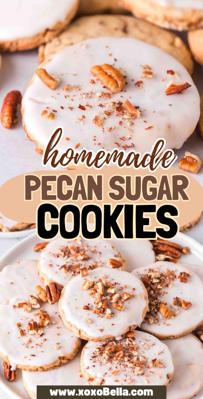 Pecan sugar cookies topped with chopped pecans on a plate, showcased in a close-up view with text overlay.