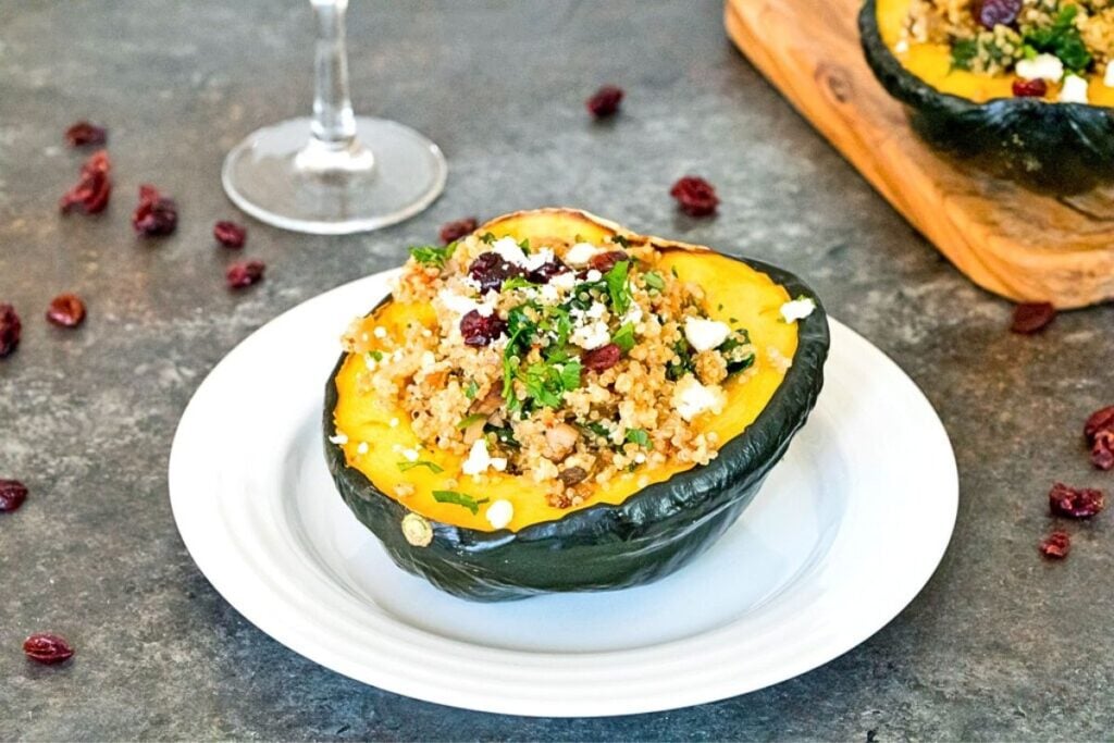 Acorn squash stuffed with quinoa, feta and cranberries.