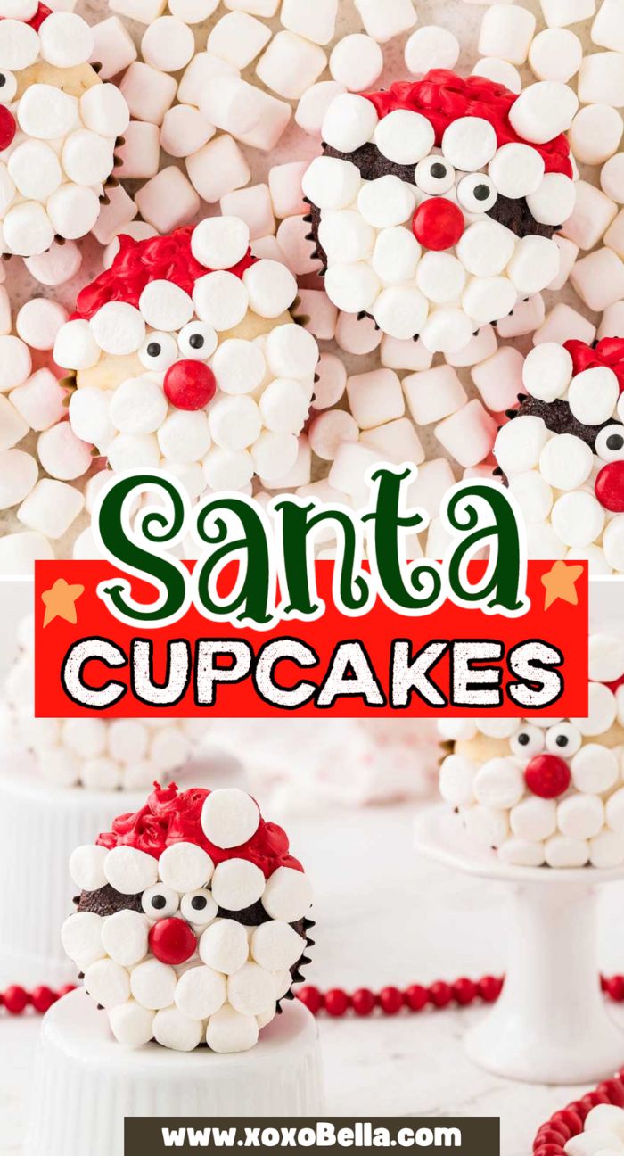 Santa cupcakes decorated with mini marshmallows and red candy are displayed among a snowy bed of marshmallows, creating a festive holiday treat.