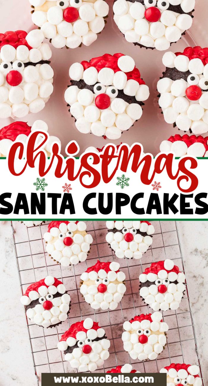 Santa cupcakes decorated with marshmallows and candies rest on a cooling rack, shown from above.