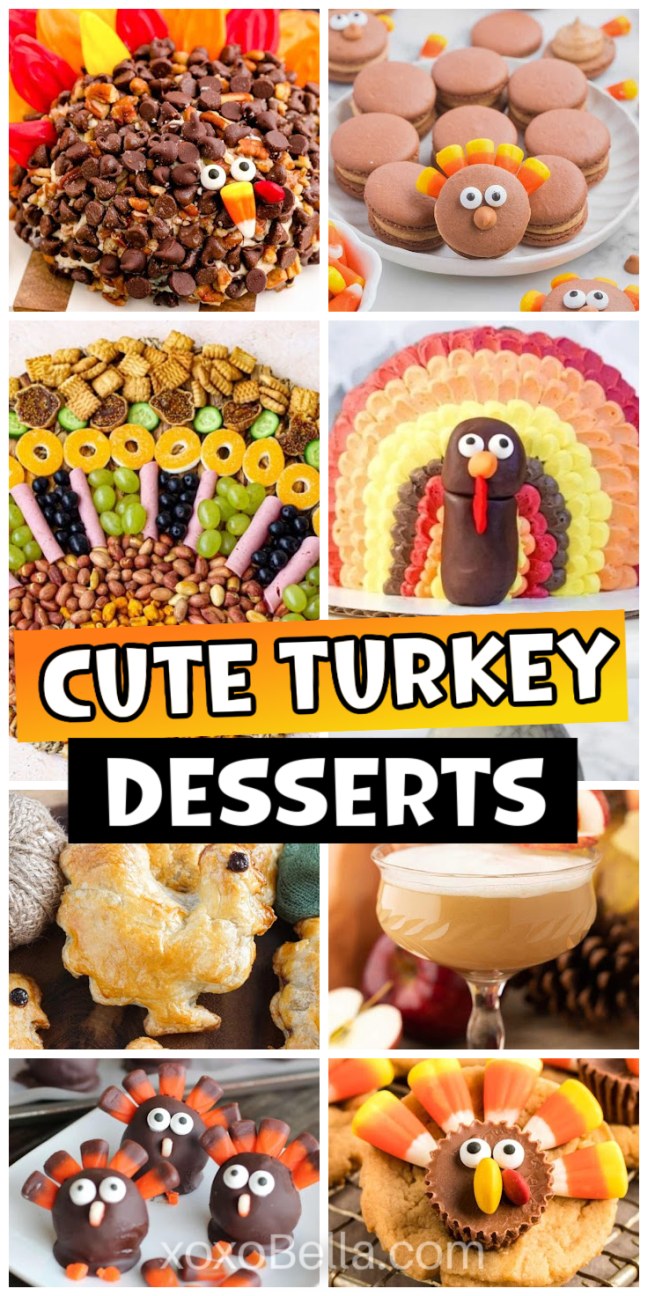 A collage of cute turkey treats, featuring adorable turkey-themed desserts like cookies, cupcakes, and candy delights.