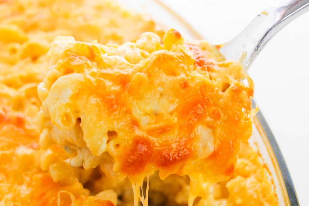 A close-up of a spoonful of baked macaroni and cheese with melted, golden cheese on top—perfect comfort food for a cozy Friendsgiving gathering.
