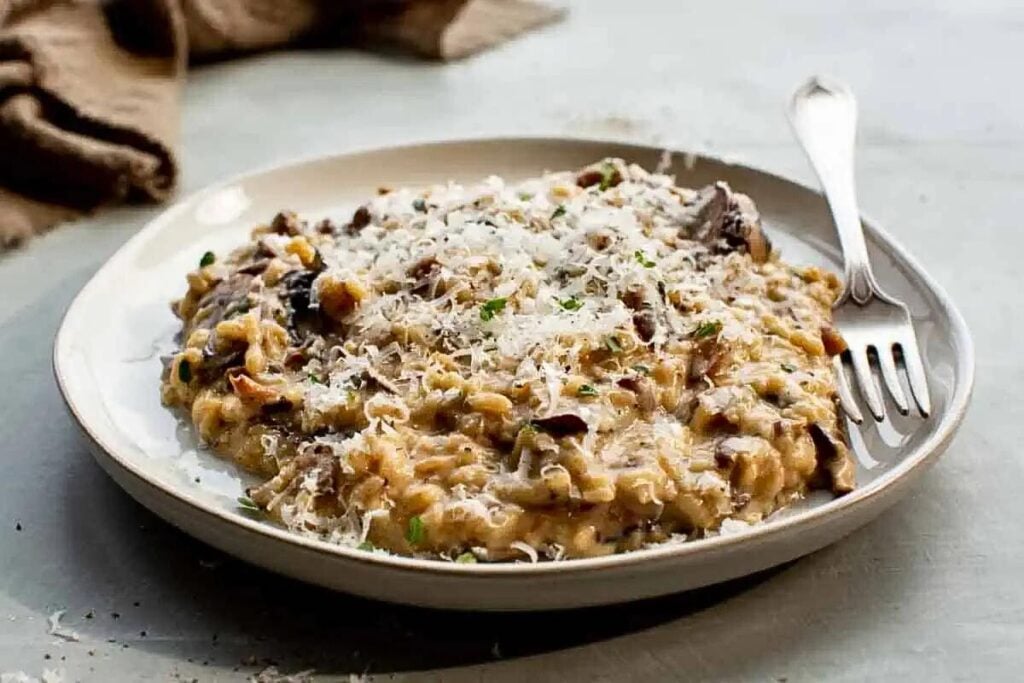 A plate of risotto made with mushrooms.