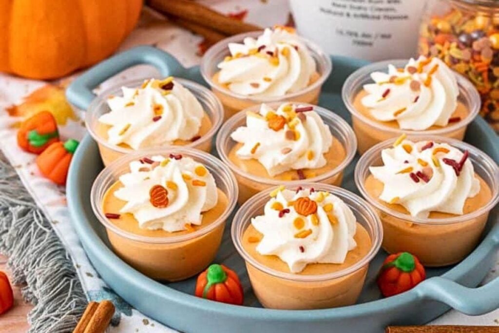 A platter of boozy pumpkin pudding shots.