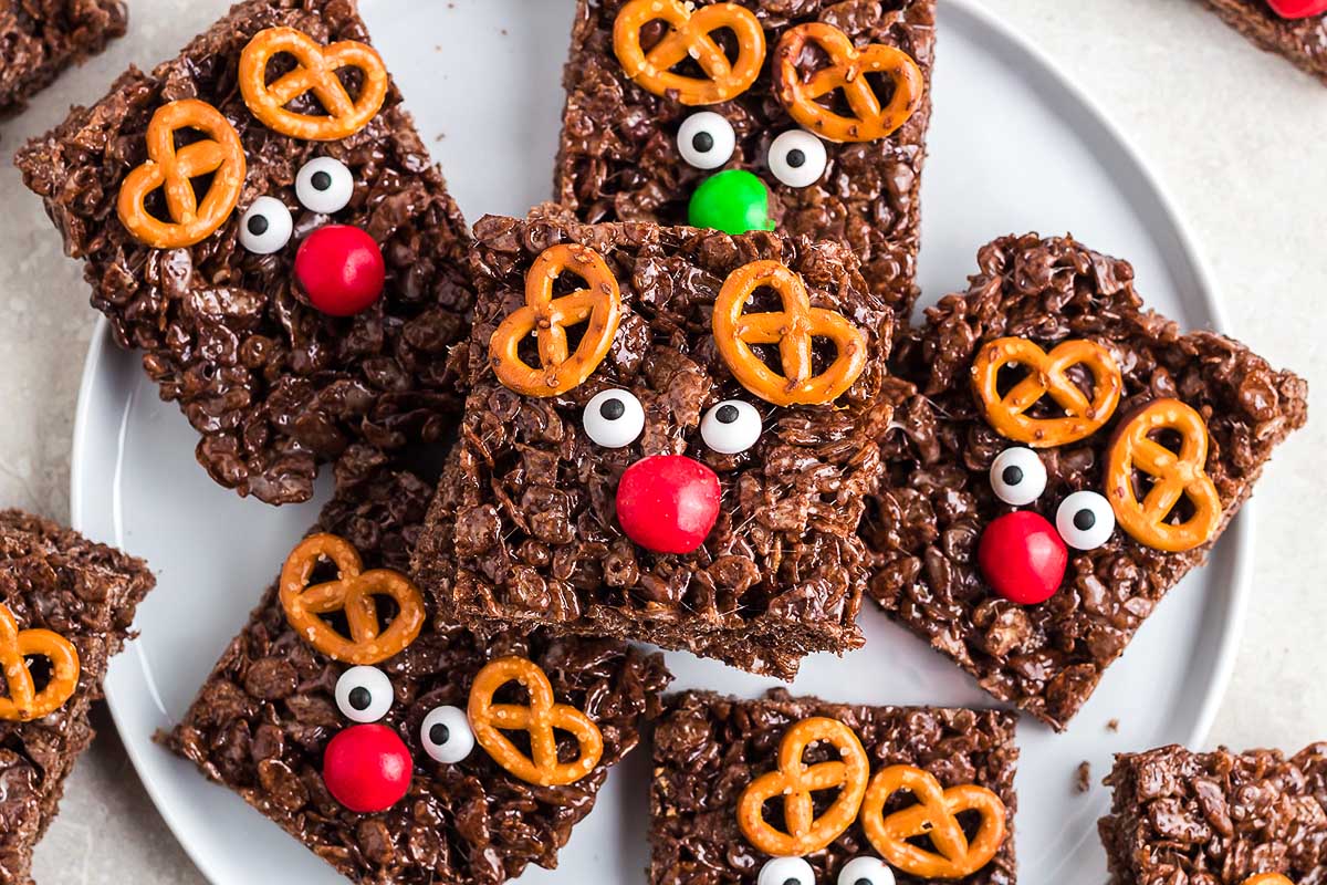 Reindeer Rice Krispie Treats on a plate.