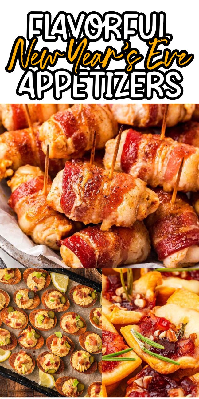 Photos of appetizers like bacon-wrapped bites, mini tarts, and nachos.