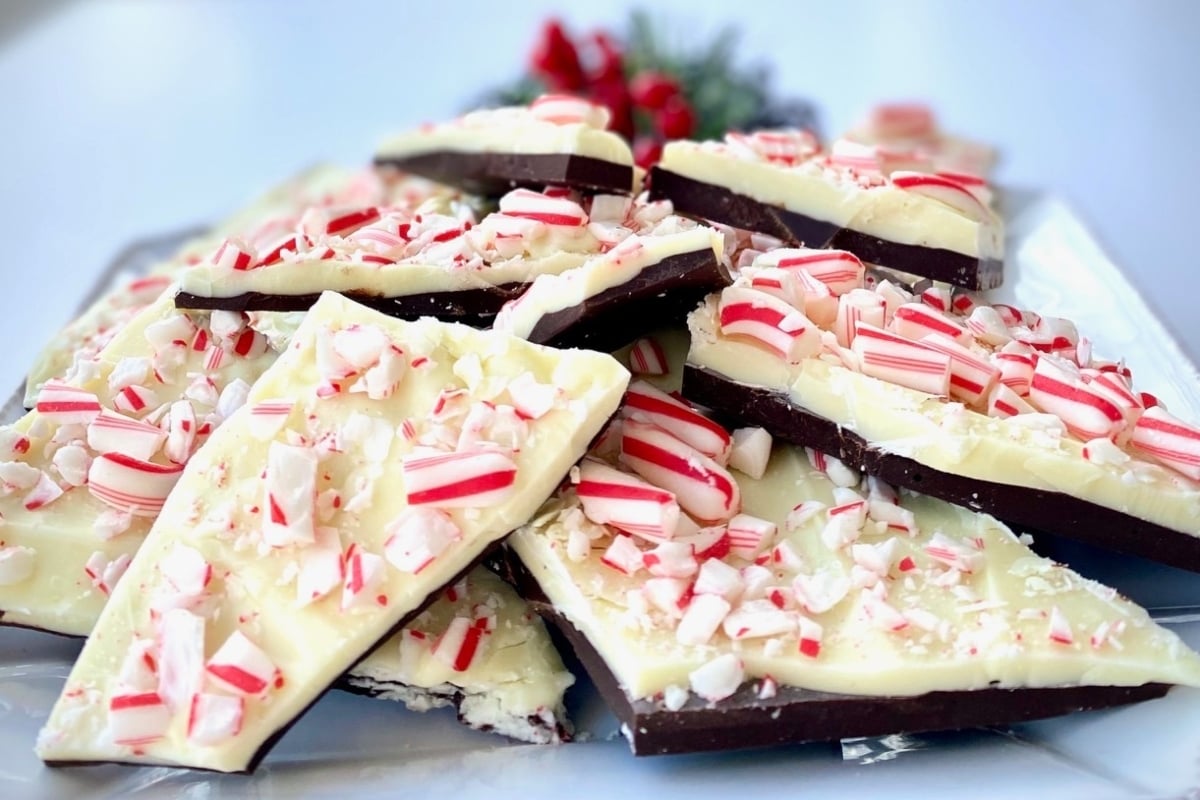 Chocolate peppermint bark on a plate, a delectable and festive treat perfect for peppermint lovers.