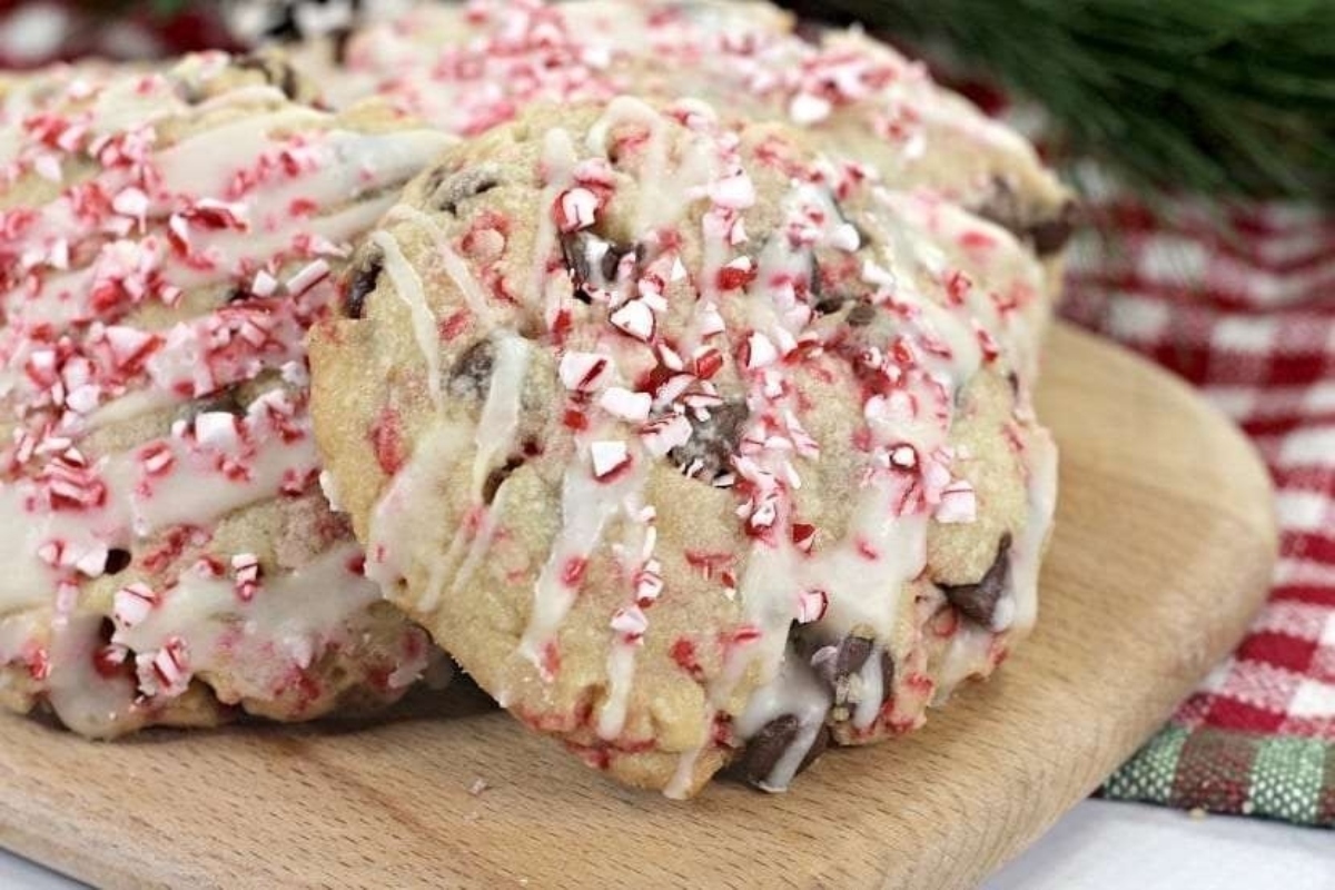 Peppermint cookies adorned with candy canes.