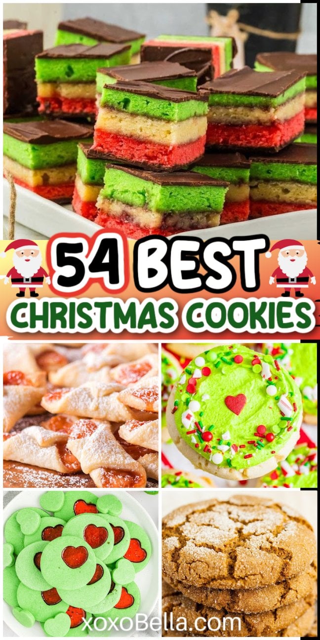 A collage of colorful Christmas cookies and festive decorations.