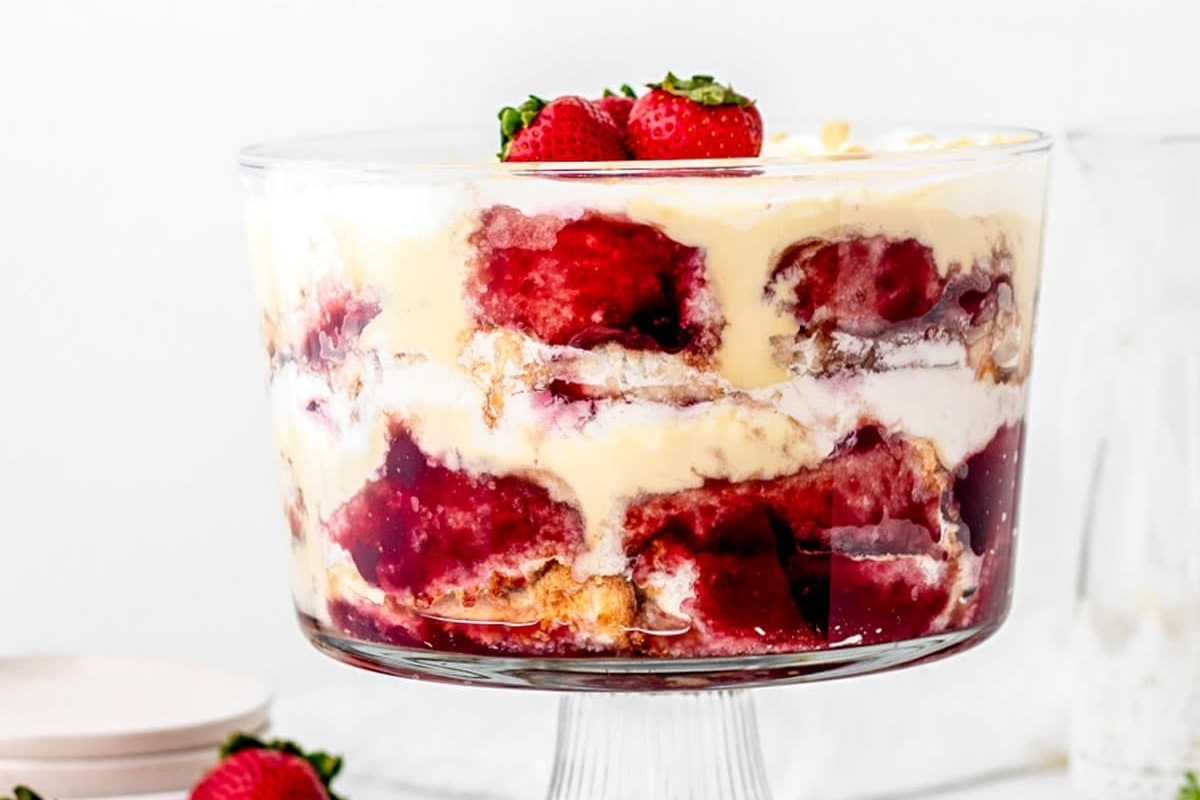 Strawberry trifle in a glass bowl.