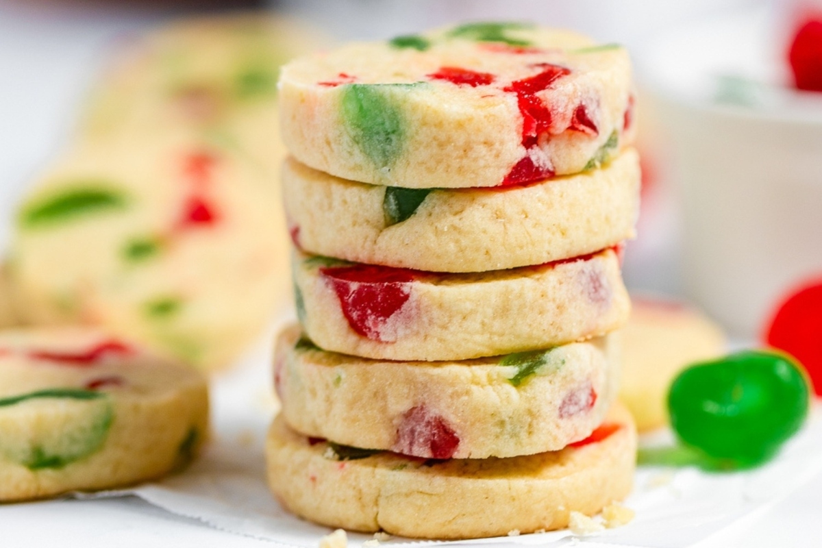 A stack of freezable cookies with colored candy.