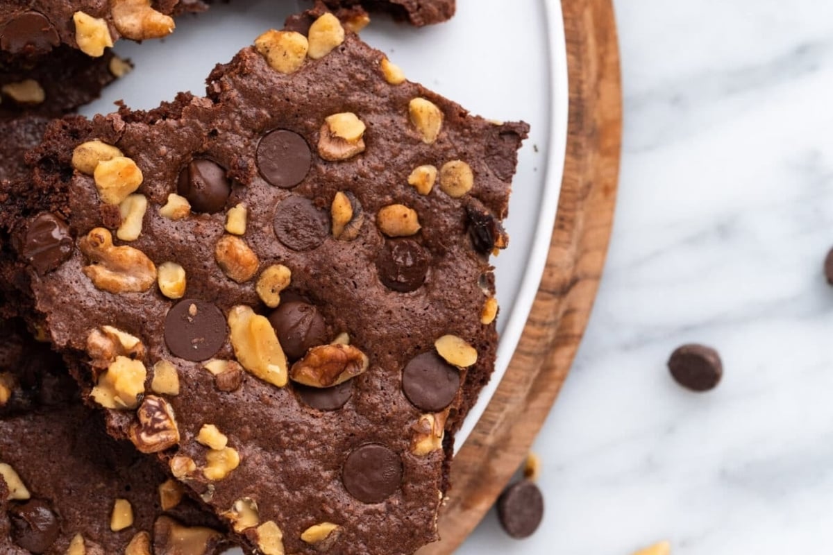 A plate of brownies with walnuts and chocolate chips, perfect for Christmas gatherings.