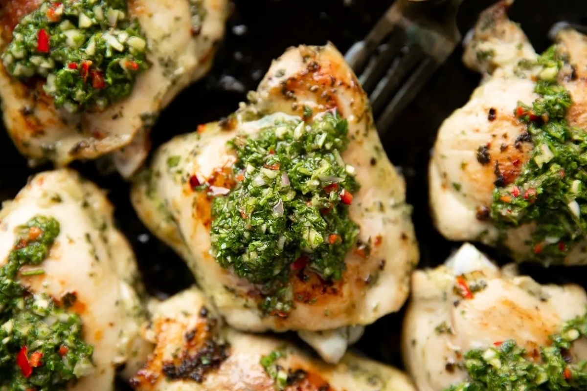 New Year's Eve meal ideas: Chicken breasts with pesto sauce.