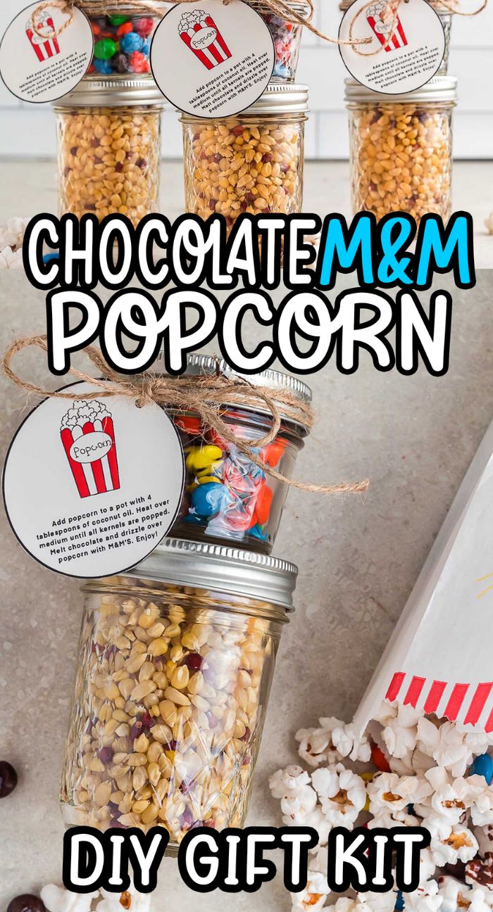Mason jars filled with popcorn kernels and M&Ms, labeled as a Chocolate M&M Popcorn DIY Gift Kit—perfect for creating your own delicious treat at home or gifting to friends and family.
