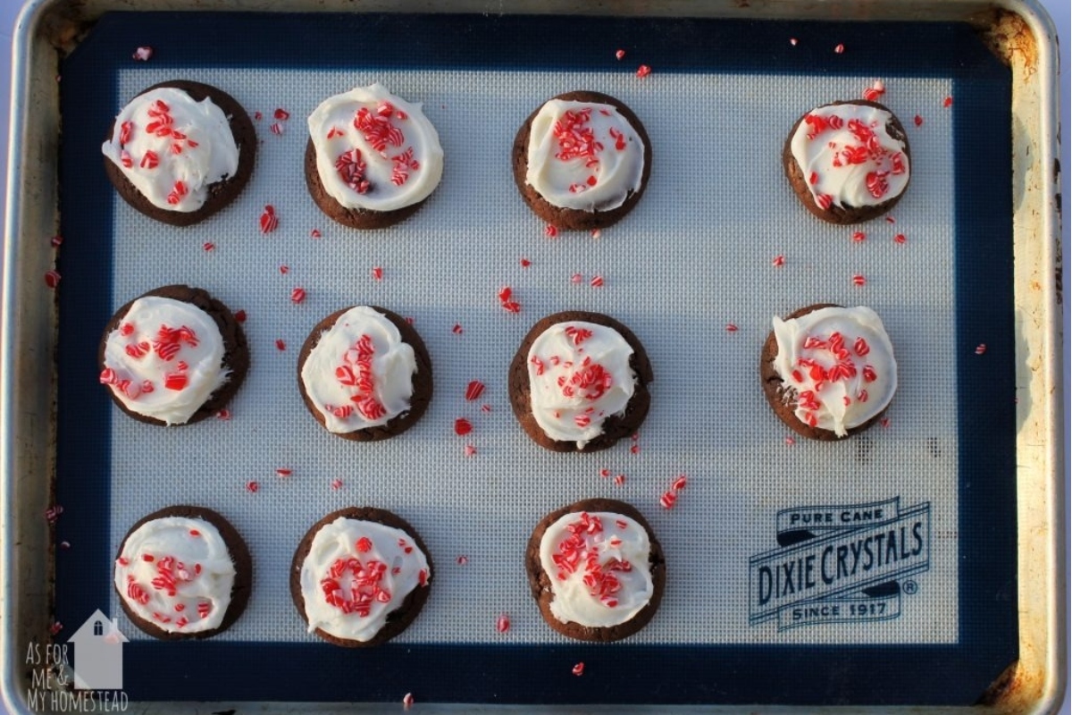 Peppermint cookies arranged on a baking sheet.