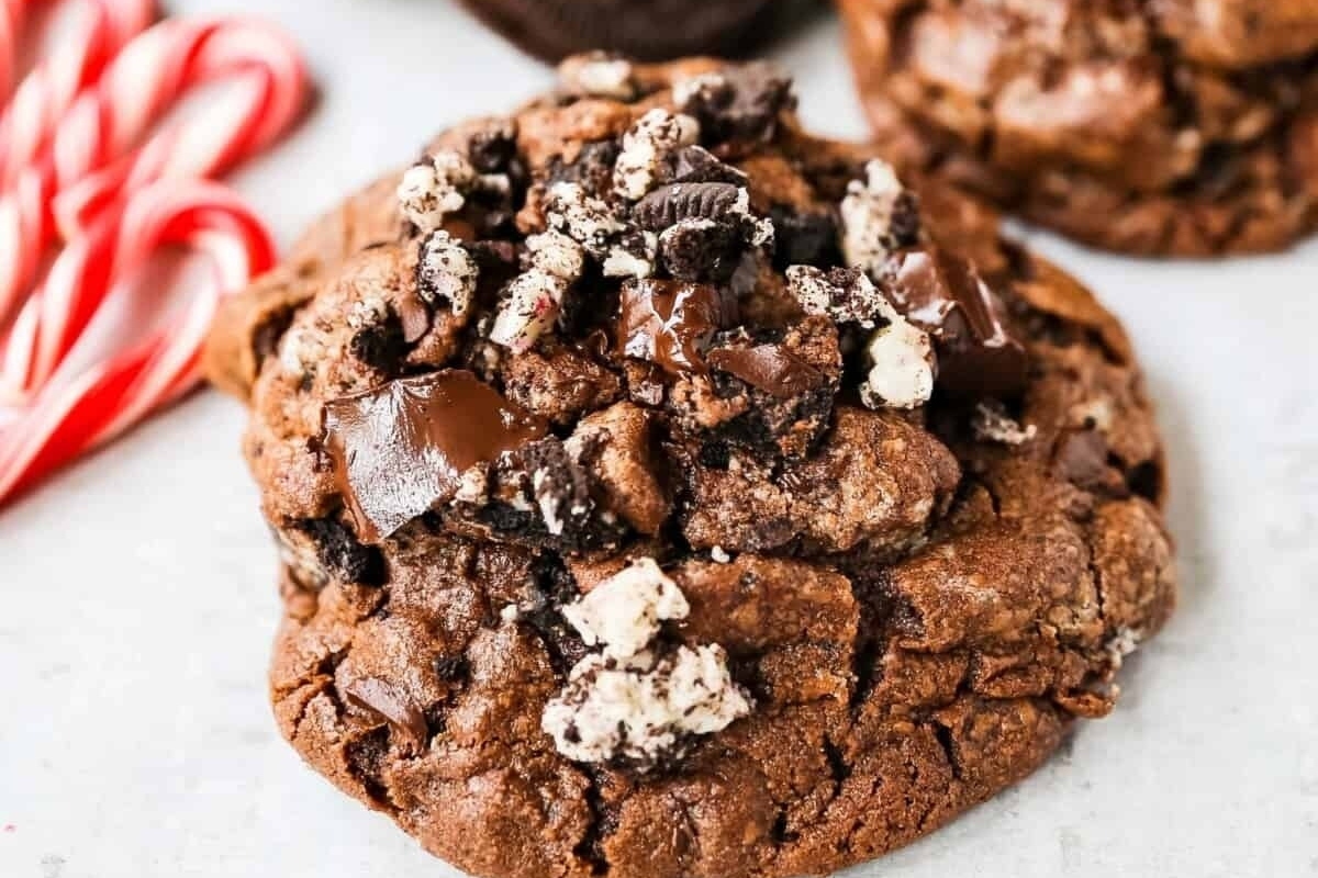 Peppermint chocolate oreo cookies with candy canes.