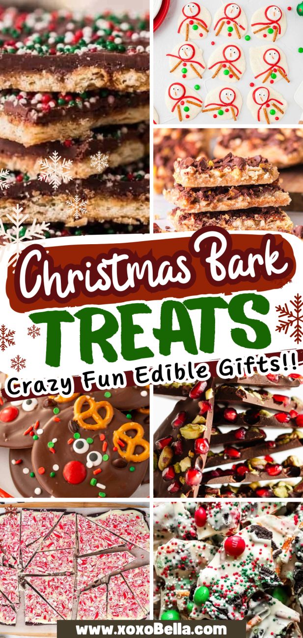 Collage of colorful Christmas bark treats with festive toppings, perfect inspiration for your own Christmas bark recipes.