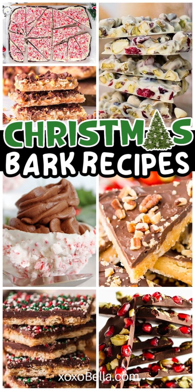 Collage of assorted Christmas bark sweets—chocolate, nuts, sprinkles, and peppermint.