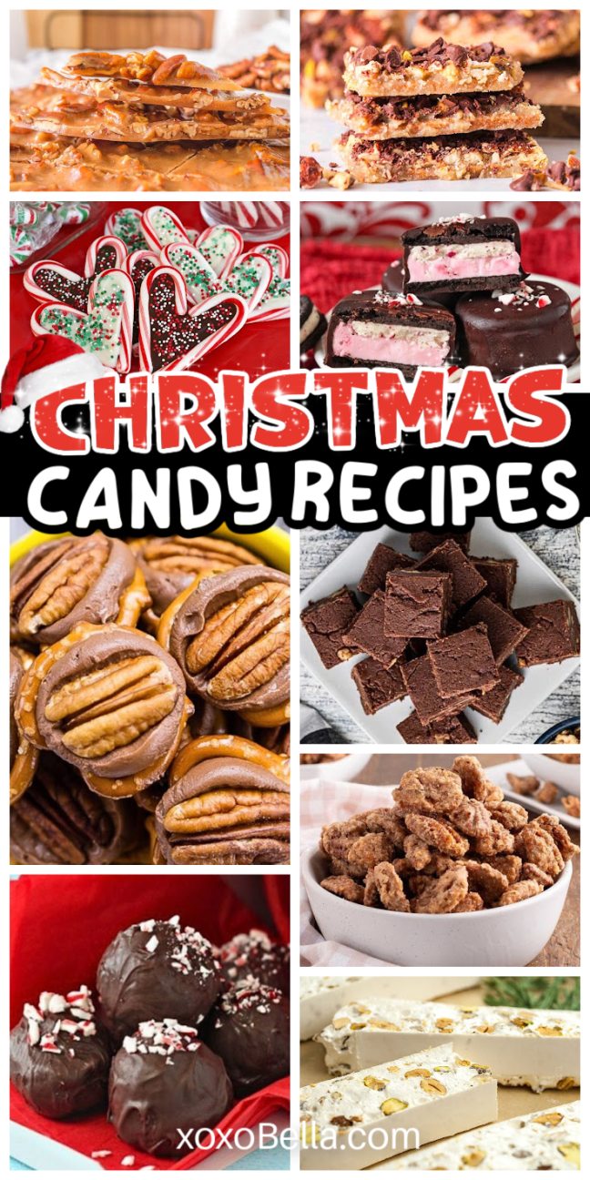 Collage of various Christmas candy, including bark, fudge, pecan turtles, peppermint treats, and candied nuts.