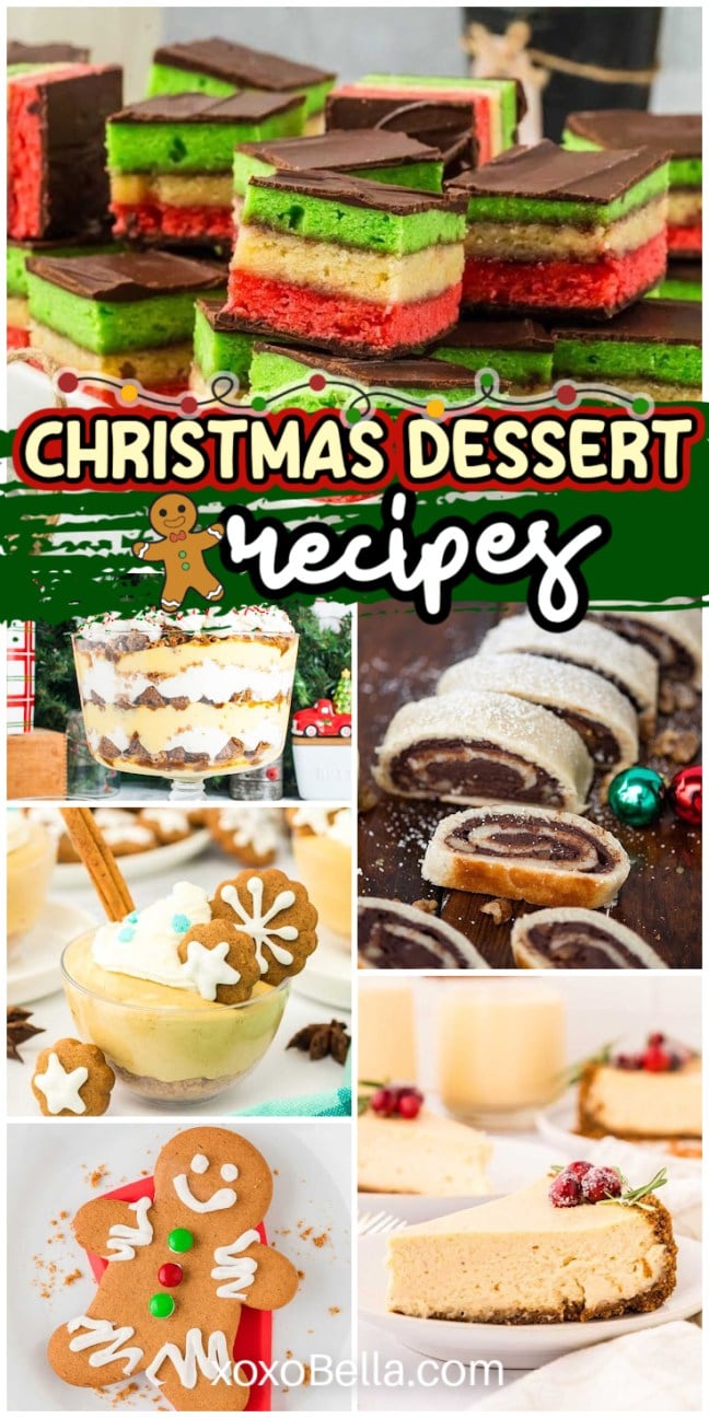 A selection of Christmas desserts including cookies, cakes and candies displayed with festive holiday decor.