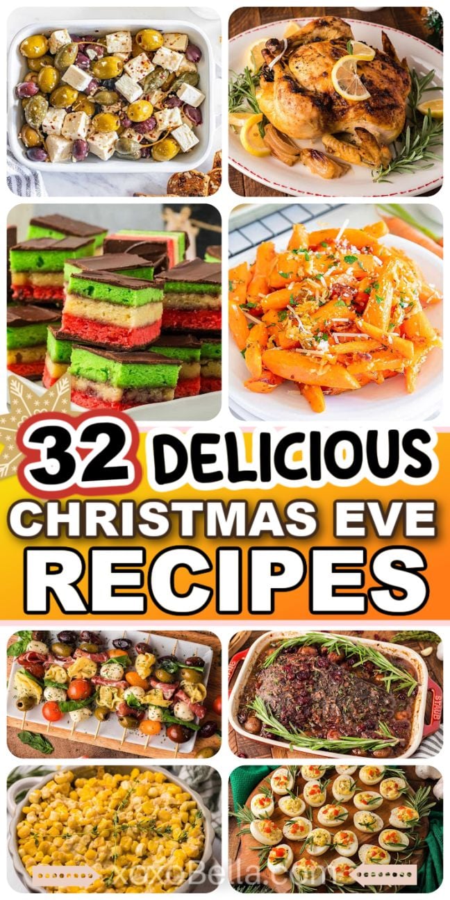 A collage of colorful Christmas Eve dishes to inspire your holiday menu.