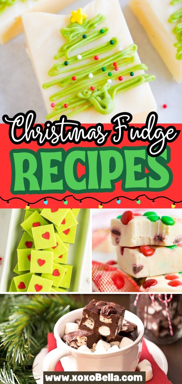 Collage of colorful Christmas fudge treats, featuring festive designs and decorative holiday toppings inspired by classic Christmas fudge recipes.