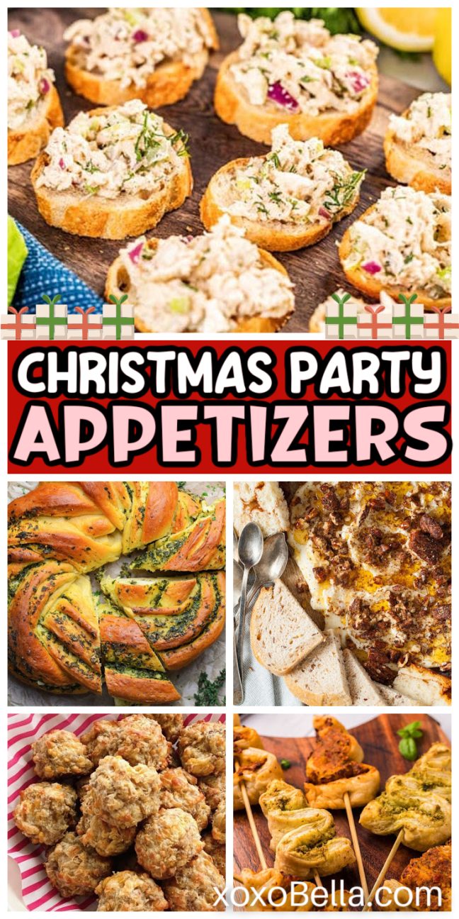A festive collage of Christmas party appetizers, featuring crostini, bread, dip, meatballs, and skewers perfect for your holiday gathering.