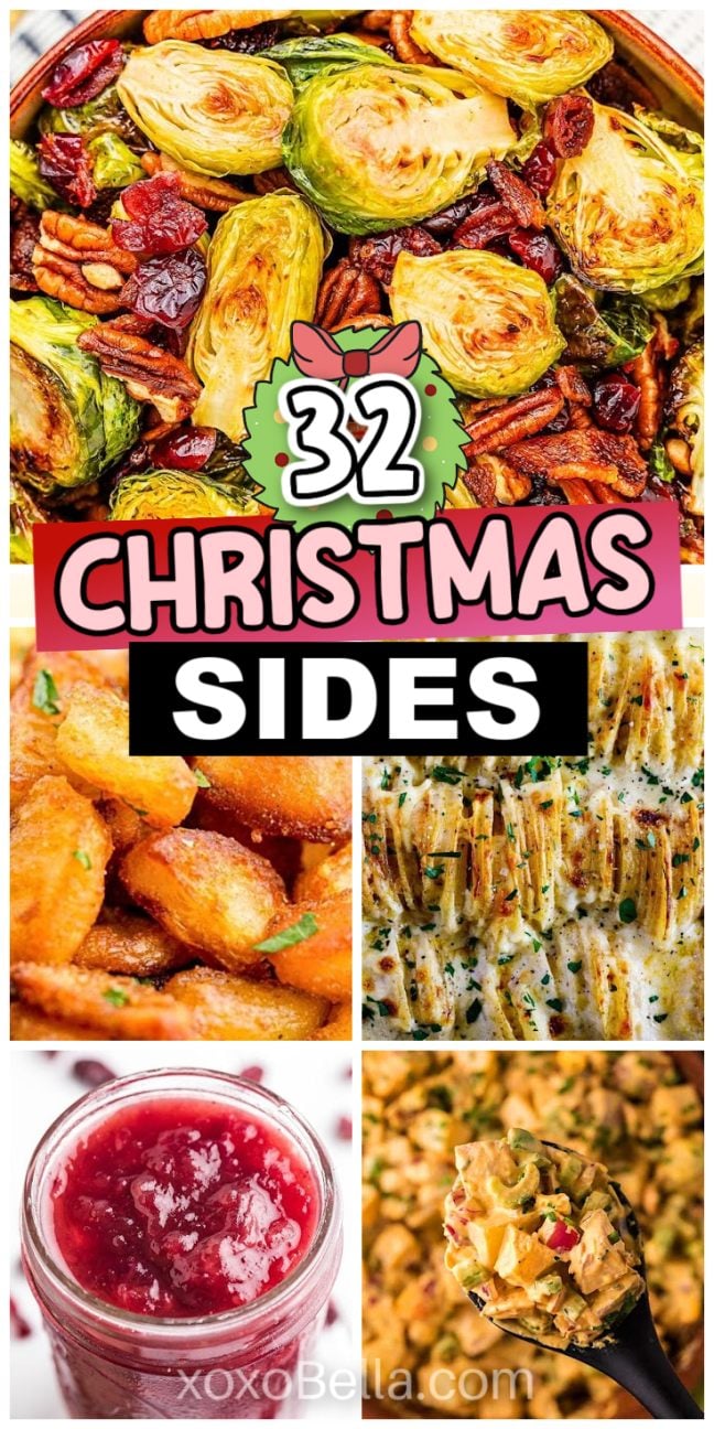 Collage of Christmas sides, featuring Brussels sprouts, potatoes, gratin, cranberry sauce, and corn.