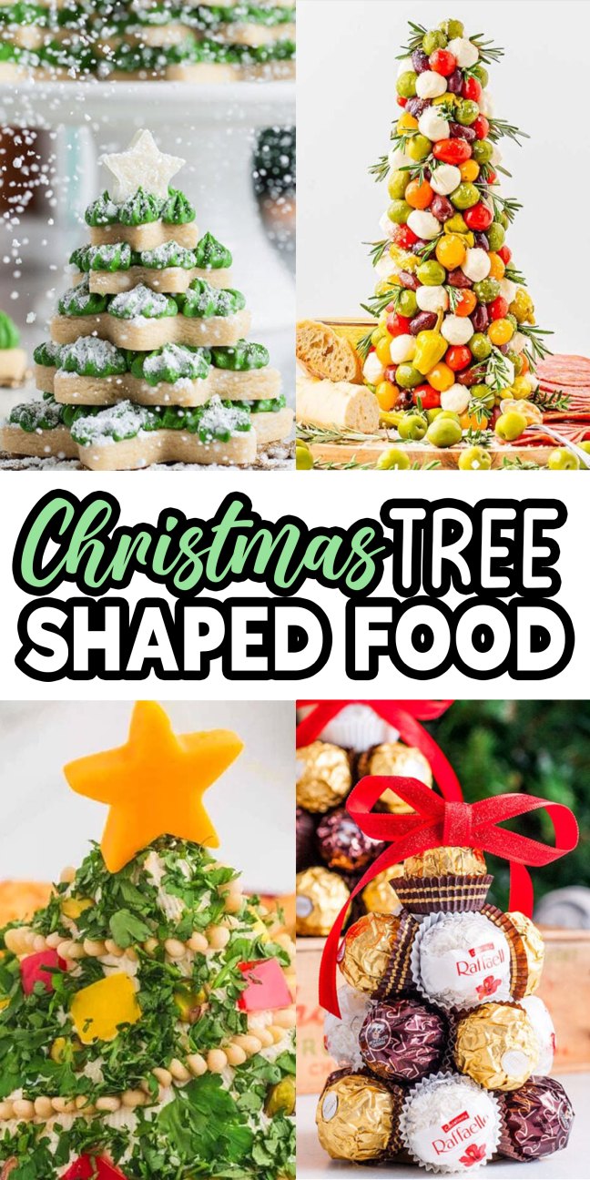 Four festive tree shaped foods—cookies, veggies, cheese, and chocolates—displayed with holiday decor for a cheerful Christmas spread.