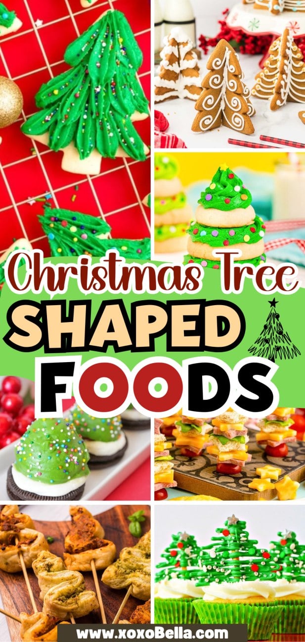 A collage of festive tree-shaped Christmas foods, including cookies, macarons, and appetizers.