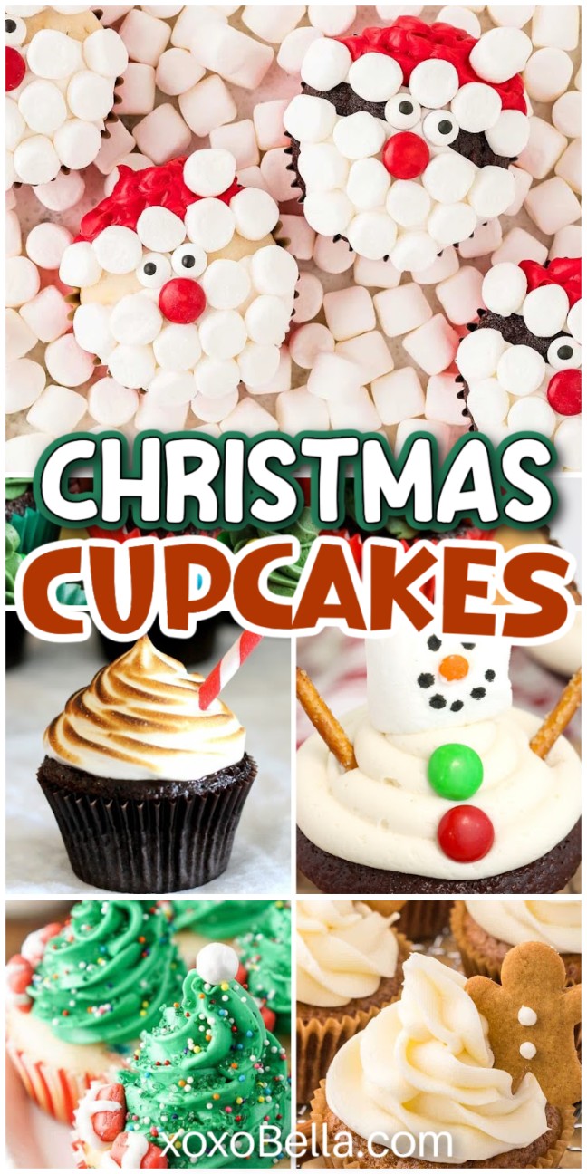Collage of festive Christmas cupcakes decorated as Santa, snowmen, gingerbread, and tree shaped Christmas trees.