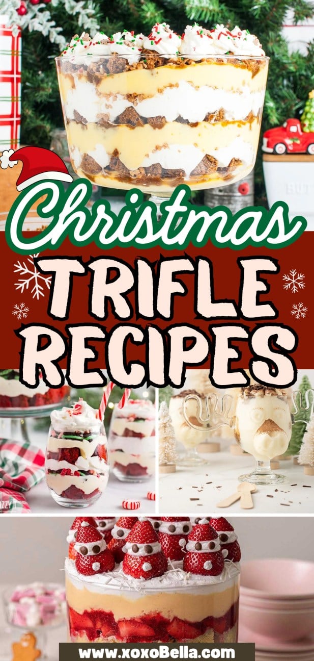 A festive collage of layered Christmas trifles, inspired by classic Christmas trifle recipes, with strawberries and holiday decorations in the background.