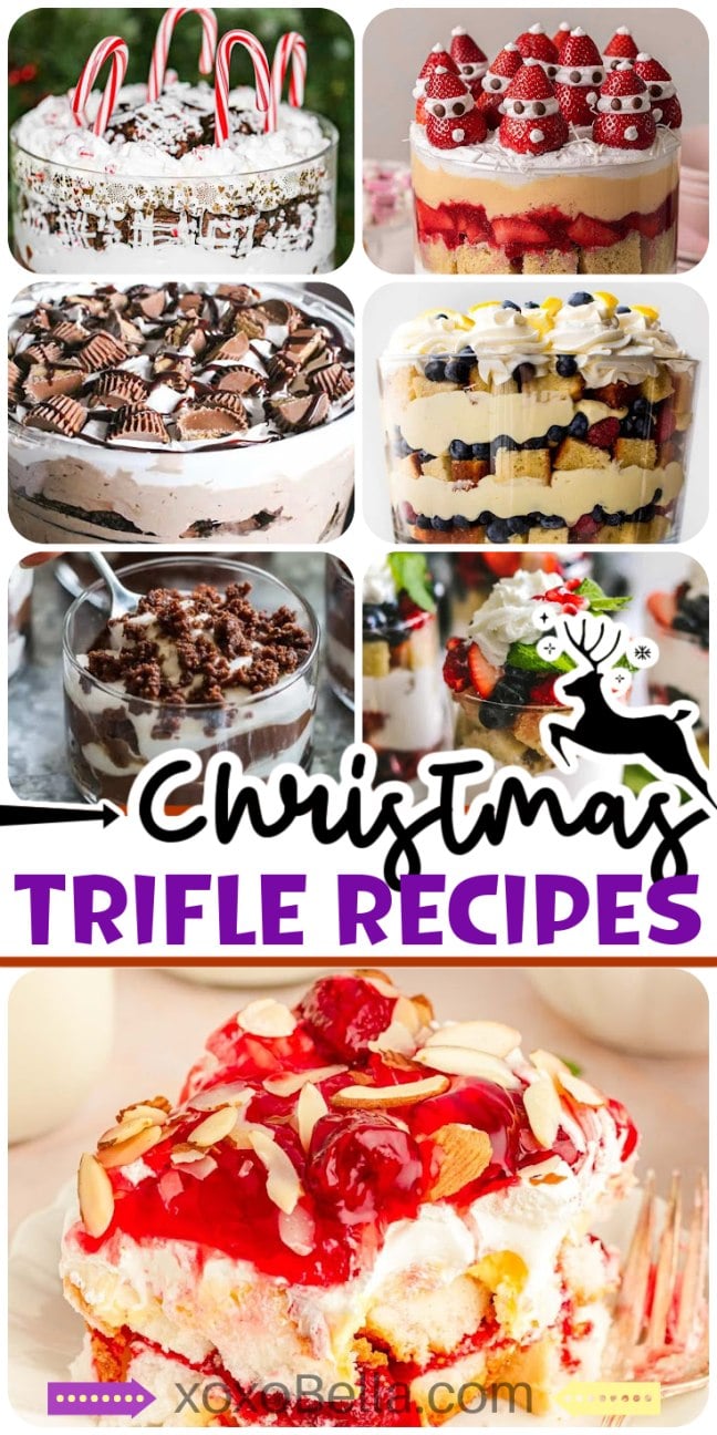 A collage of festive Christmas trifle recipes, each dessert layered with cream, fruit, or candy toppings.