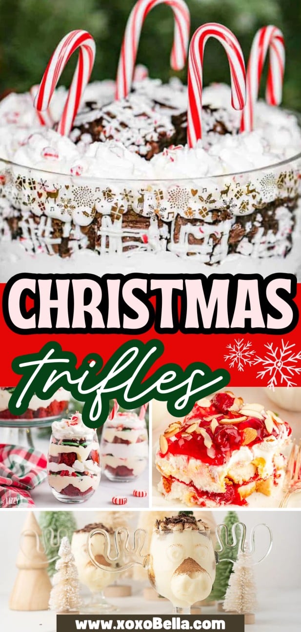 Festive Christmas trifles in jars, featuring delightful holiday designs and candy canes, are inspired by classic Christmas trifle recipes and topped with fluffy whipped cream.