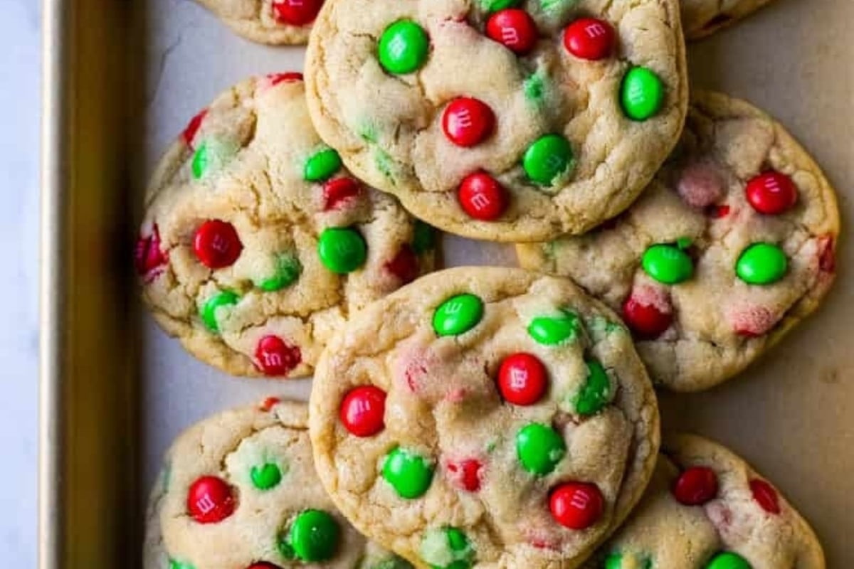 A group of freezable cookies with red and green candy.