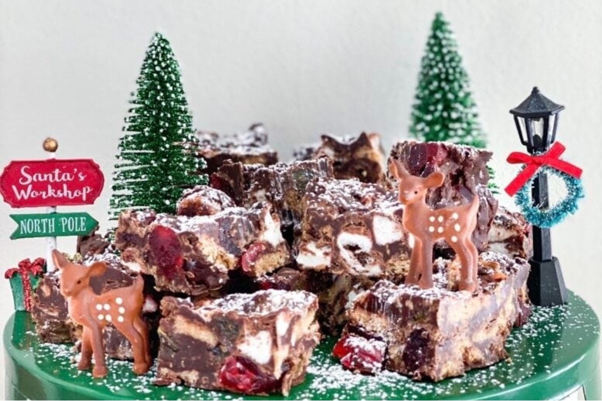 No bake Christmas fudge with cranberries and reindeer.